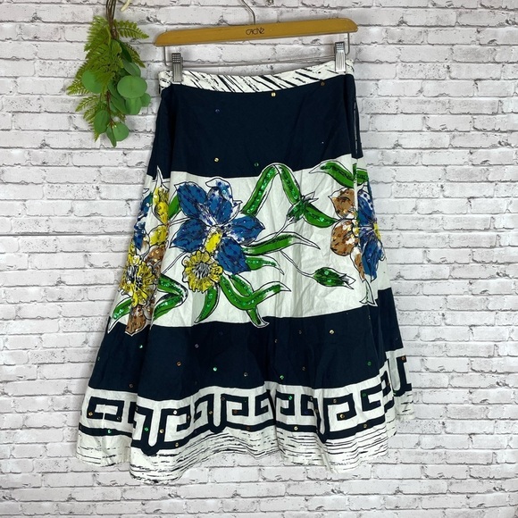 Bernardo Navy Blue Sequin Floral Print A Line Midi Skirt - Picture 5 of 5